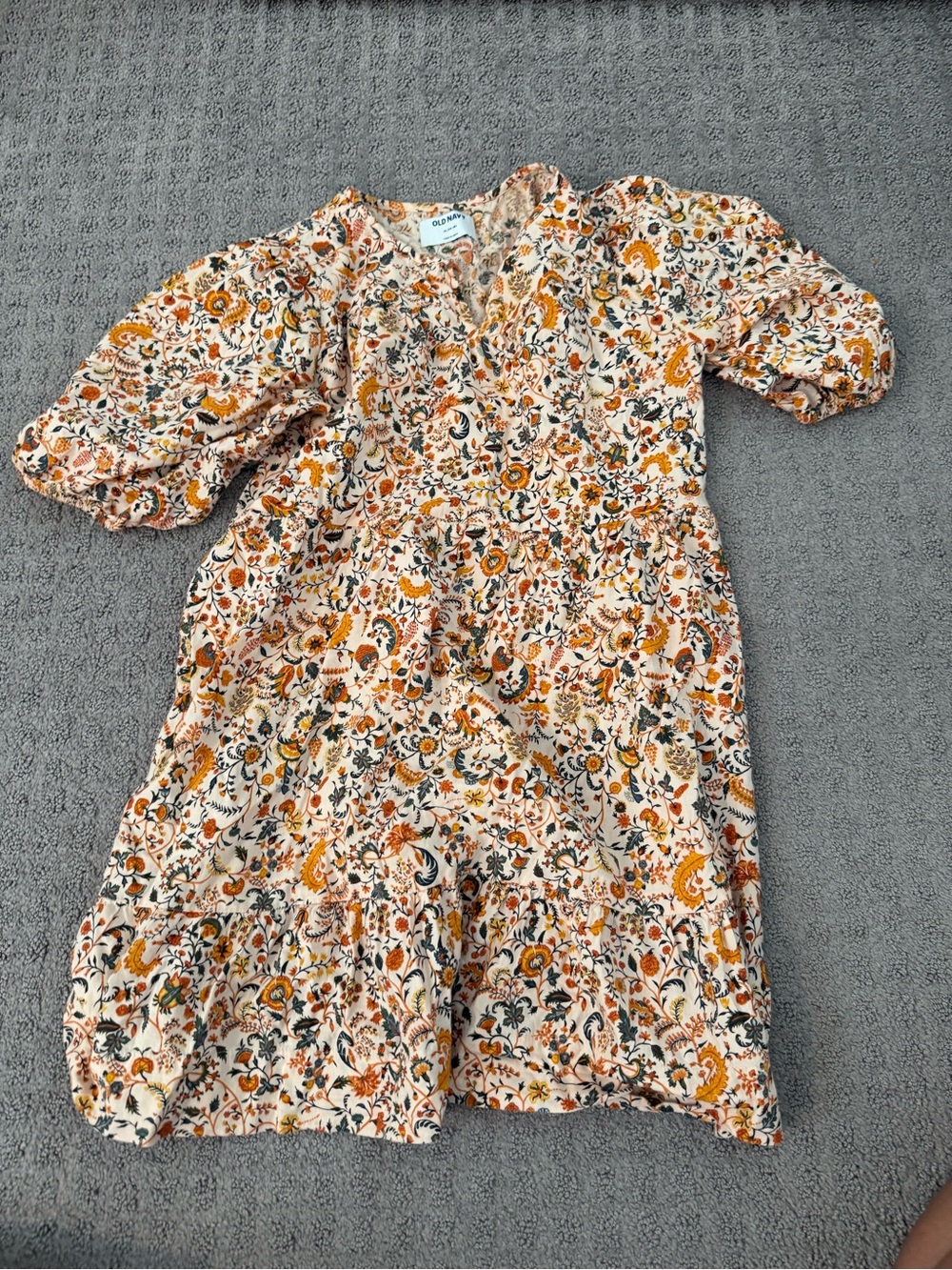 Kids Floral Puff-Sleeve One-Piece Dress - Cream & Mustard